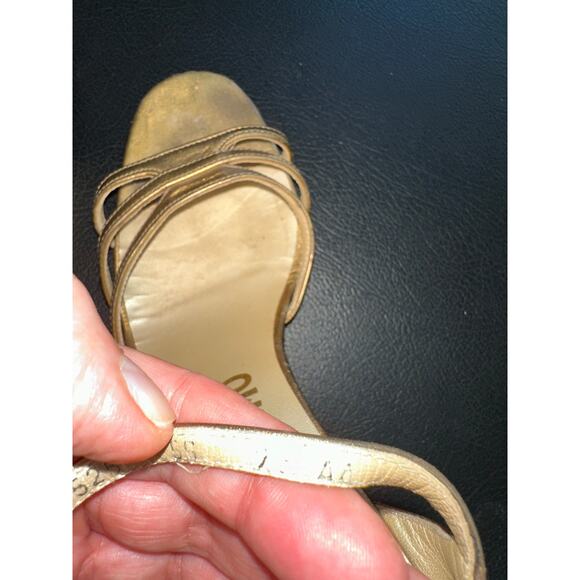 VINTAGE FERRAGAMO GOLD METALLIC LEATHER WEDGE HEELS RHINESTONE BUCKLE 7.5N - Picture 9 of 14